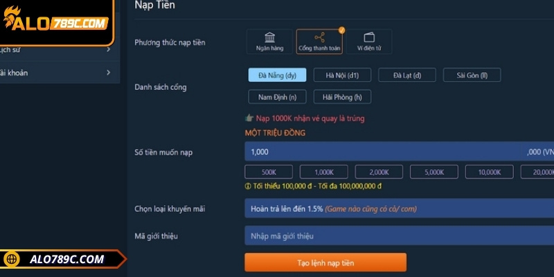 Nạp tiền ALO789 là bước đầu tiên để trải nghiệm các dịch vụ